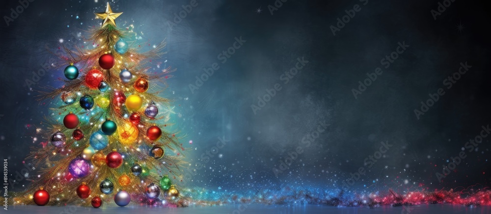 Poster A festive Christmas themed image featuring a beautifully decorated tree adorned with colorful ornaments set against a backdrop of holiday cheer Copy space image