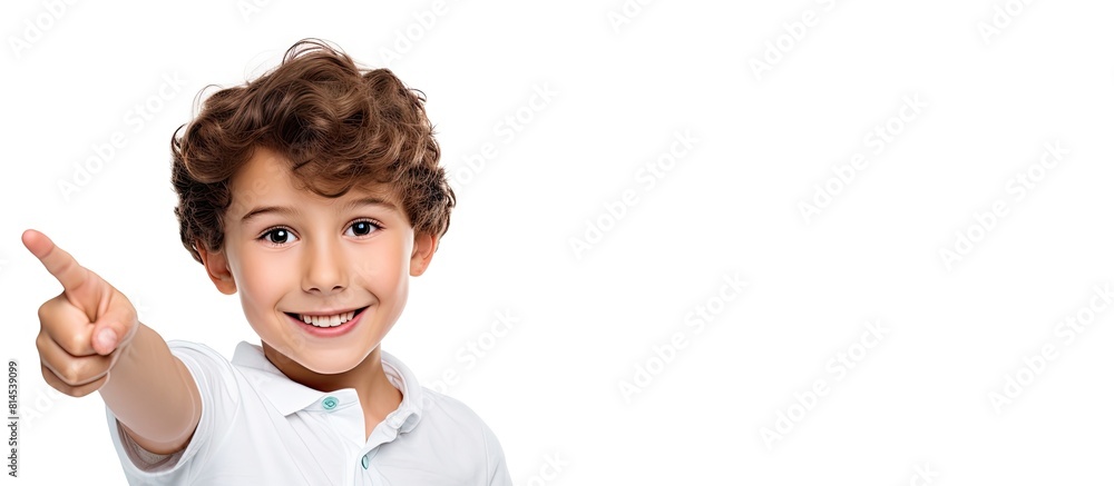 Poster cheerful boy pointing on white banner in a portrait isolated on a white background copy space image