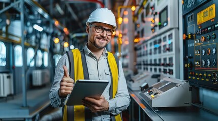 Successful Caucasian supervisor confidently giving a thumbs up while holding a tablet next to a control dashboard in a power plant.  - Powered by Adobe