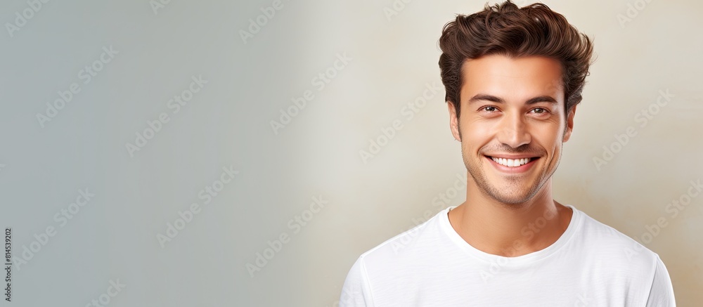 Poster a young attractive man wearing a friendly smile and a wink exuding positivity against a plain backgr