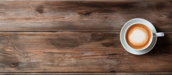 Obraz premium A morning scene with a coffee cup filled with foamy goodness placed on a wooden table seen from a top view with ample copy space