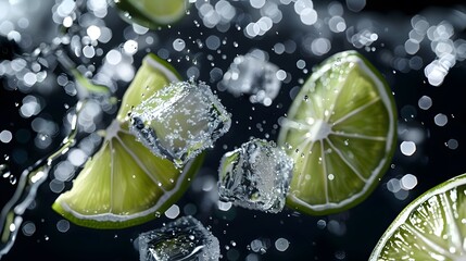 lime slices and 3 ice cubes flying On black background