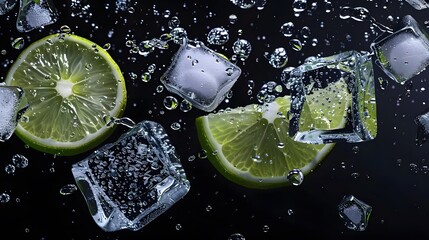 lime slices and 3 ice cubes flying On black background