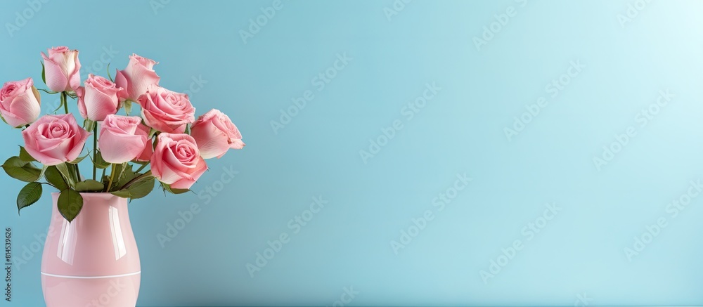 Aufkleber a stunning bouquet of pink roses arranged in a vase on a blue background with abundant copy space fo