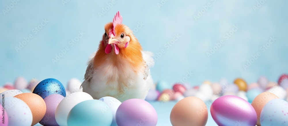 Poster A cute Easter chicken with colorful decorations placed against a backdrop with a blank space for text or other images. with copy space image. Place for adding text or design