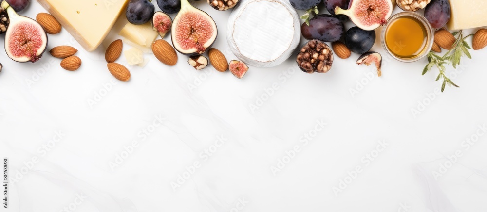 Aufkleber A selection of cheeses figs nuts and honey arranged on a white marble background with a corner border Above view copy space image
