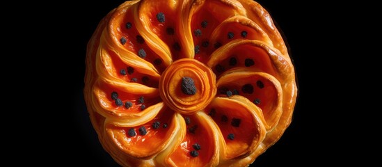 Top view of a large poppy pastry on a black background perfect for copy space image