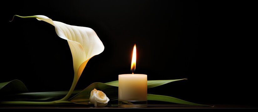 A peaceful sympathy card featuring a burning candle a white calla lily and a dark background with room for a message. with copy space image. Place for adding text or design