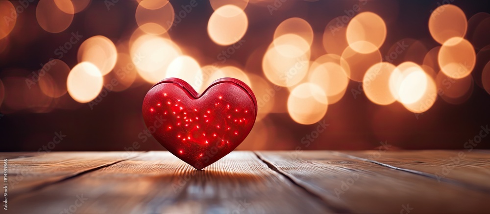 Leinwandbilder A red wooden heart shape with blurred heart shaped lights in the background captured in a close up image with ample space for text or other elements