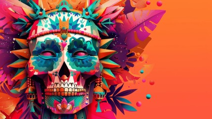 Colorful skull celebrating Cinco de Mayo on an orange background