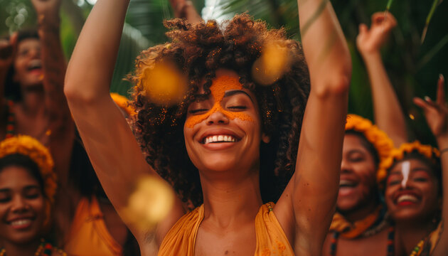 Joyful woman with an infectious smile enjoys a Juneteenth celebration, joined by friends in colorful, traditional clothing, embracing freedom and cultural heritage