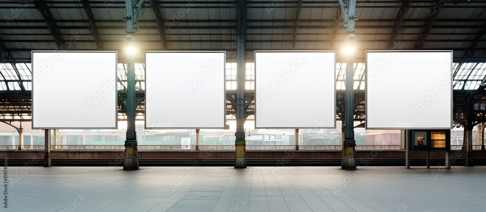 Poster three portrait empty billboards advertising placeholders are displayed on a train station resembling