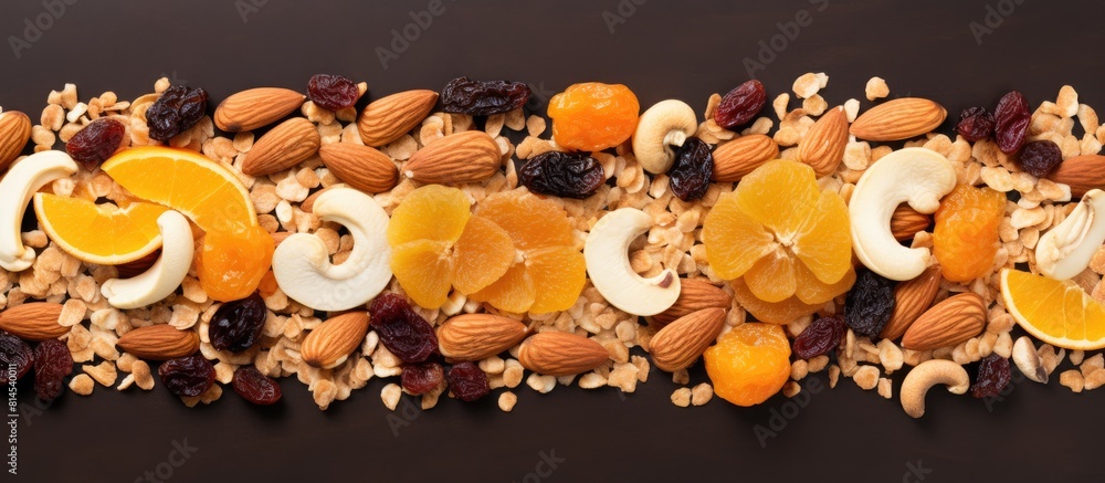 Aufkleber a top down view of homemade granola cereal consisting of oats nuts and dried fruits with a textured 