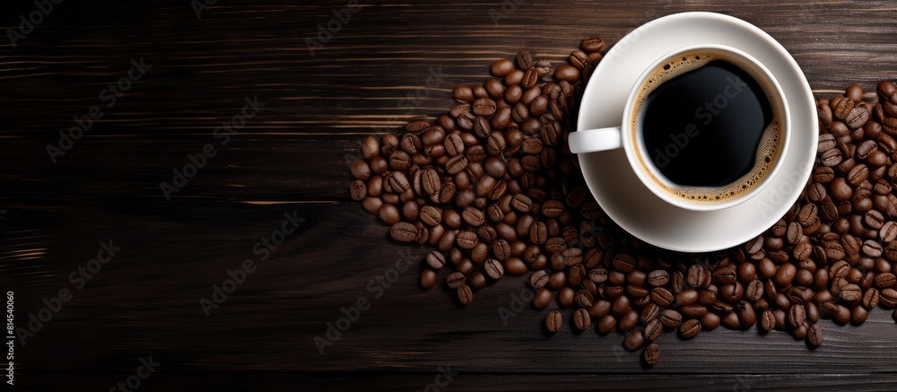 Poster a top view of a cup of coffee and a bean on a black wooden table creates a captivating copy space im