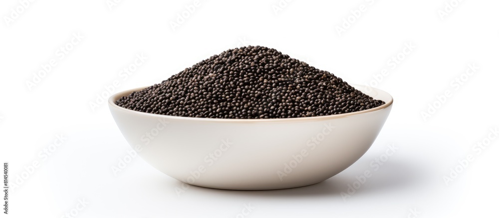 Poster close up image of a bowl containing whole grain black quinoa isolated on a white background with amp