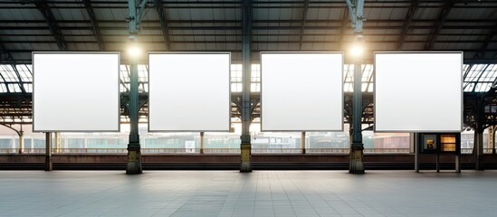 Three portrait empty billboards advertising placeholders are displayed on a train station resembling a mockup of a blank white poster An image with copy space