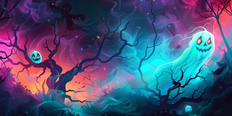 Halloween background with a mystical forest, ghost and pumpkins. Getting ready for a Halloween party. Celebrate a fun Halloween in the fall.