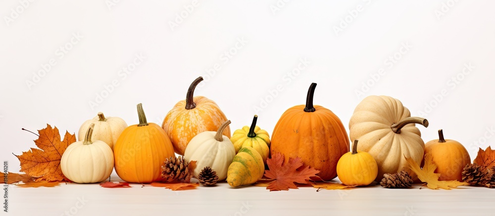 Poster a fall themed arrangement featuring small pear shaped kleine bicolor pumpkins alongside dried leaves