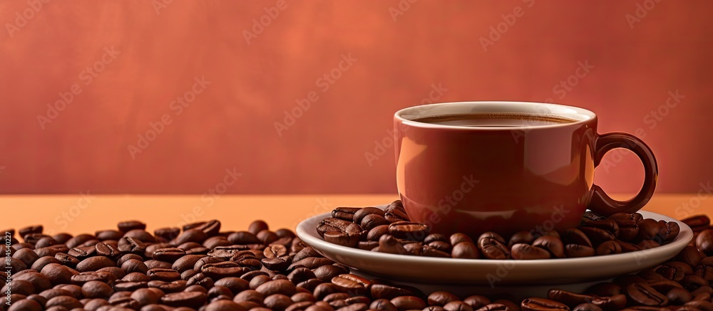 Poster image of a brown coffee cup with brown coffee beans. with copy space image. place for adding text or