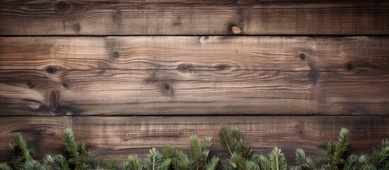 Fototapeta premium Copy space image of Christmas tree twigs resting on a rustic wooden board create a festive holiday backdrop