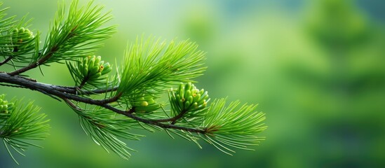 A close up picture of a pine tree branch with fresh green cones capturing the beauty of a new sprout surrounded by a lush green background It s a visually appealing image with a shallow depth of fiel