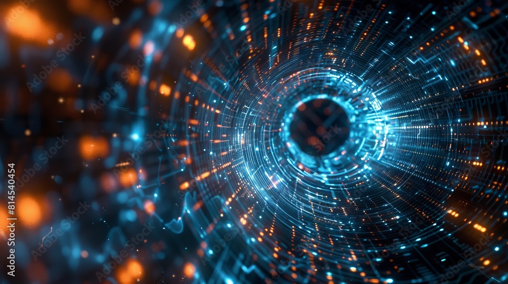 Poster dark blue abstract background with artificial neural connections and quantum computing, electronic g