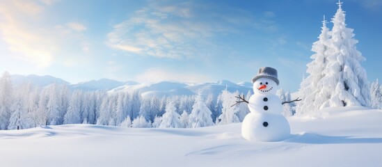 Obraz premium Snowman wearing a Santa hat happily situated in a snowdrift with the forest as a backdrop presenting a visually appealing copy space image