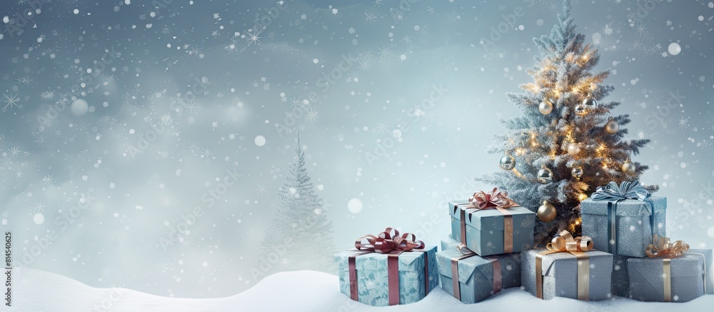 Poster A festive holiday scene with gift boxes a fir tree adorned with baubles and a snowy backdrop The image allows for space to include text and has a magical touch with falling snowflakes Perfect for a C