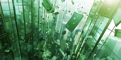 Obraz premium Cachos exuberantes de videiras verdes caem pelas laterais de um arranha-cÃ©u de vidro elegante criando um contraste marcante contra o pano de fundo urbano