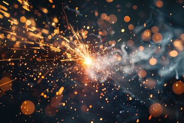 Close-up of bright, glowing sparks from welding, dispersed in dark space