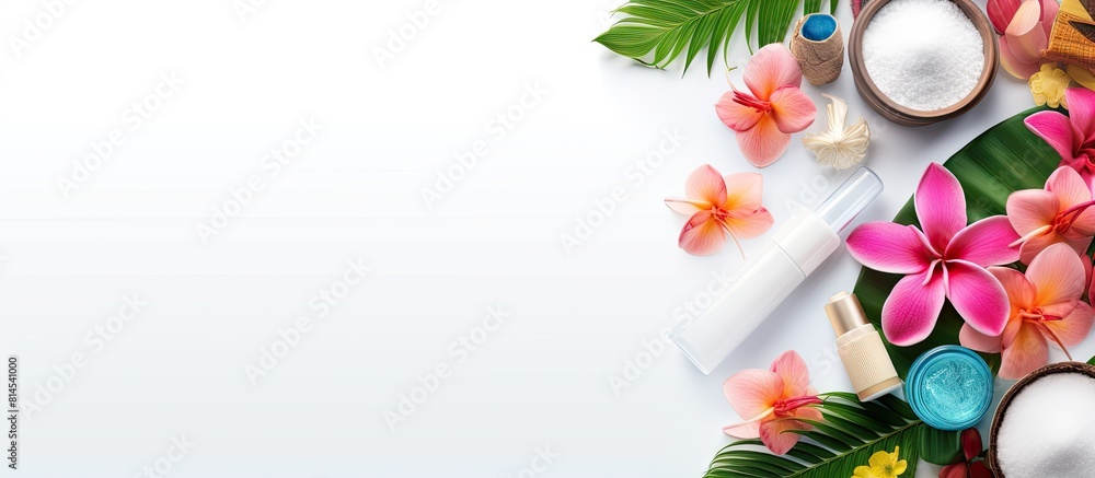 Poster a copy space image featuring a tropical themed spa or wellness background showcasing white towels lu