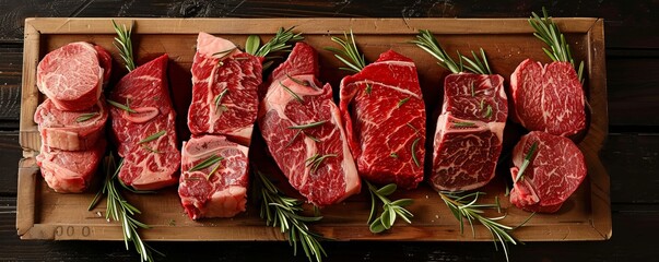 Variety of fresh Black Angus Prime raw beef steaks