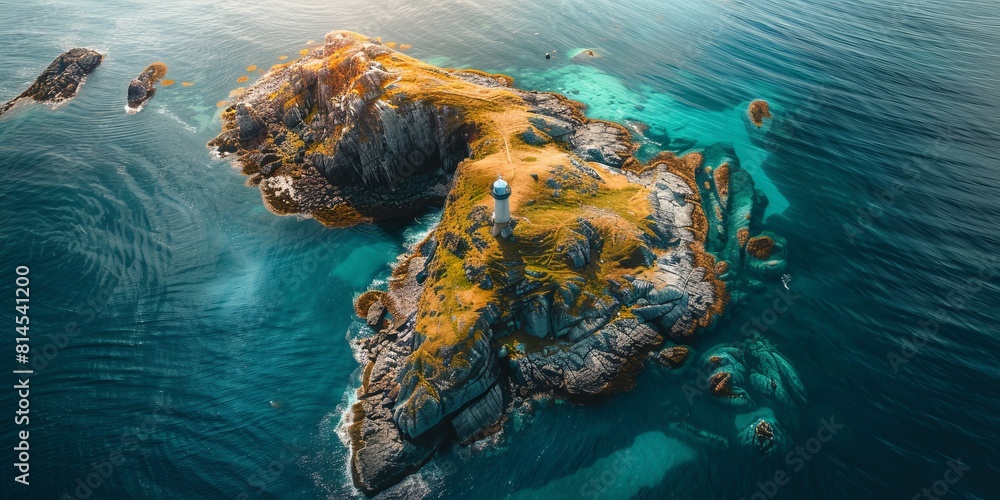 Wall mural aerial drone view of the lonely rocky island with lighthouse - Wall murals