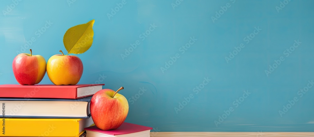 Aufkleber Image of a female teacher holding notebooks and an apple against a colorful backdrop with copy space