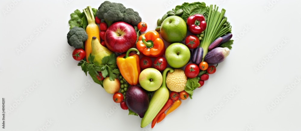 Poster copy space image of a heart shaped arrangement of fruits and vegetables representing the concept of 