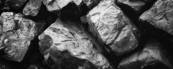A monochrome image featuring a group of rocks clustered together, showcasing their unique textures and shapes. The contrast between light and dark adds depth to the composition.
