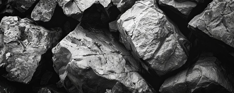 A monochrome image featuring a group of rocks clustered together, showcasing their unique textures and shapes. The contrast between light and dark adds depth to the composition.
