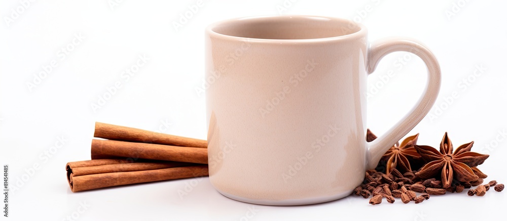 Poster copy space image of a brown clay mug adorned with cinnamon sticks and star anise placed on a white b