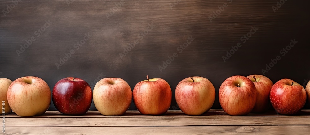 Poster An image of apples placed on a weathered wooden floor with empty space surrounding them. with copy space image. Place for adding text or design