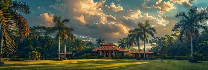 large palms in a park with a traditional house in the background, cloudy sky realistic nature and...