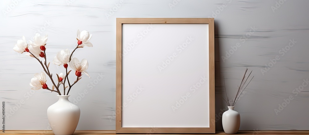 Poster A home decoration featuring a wooden frame with a vase holding a white flower placed on a table creating a delightful copy space image