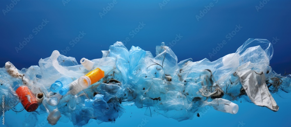 Aufkleber A photograph depicting plastic garbage against a blue backdrop conveying a message about the importance of environmental conservation through its copy space image