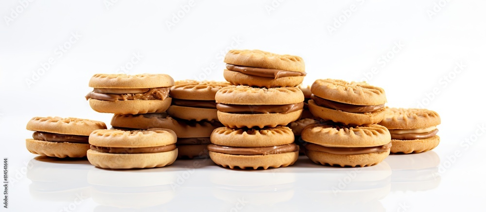 Aufkleber sandwich biscuits filled with peanut butter shown on a white background with copy space image