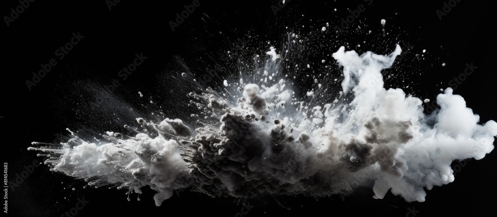 Poster an abstract image capturing the frozen motion of black powder exploding or being thrown against a ba