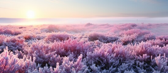 Fototapeta premium Frost and snow adorn the blooming purple and pink heather flowers This panoramic image captures the pure beauty of nature showcasing the harmony of botany gardening environment and ecology Copy space