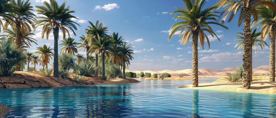 Sunset over desert oasis with palm trees reflecting in shimmering water, creating a tranquil scene.