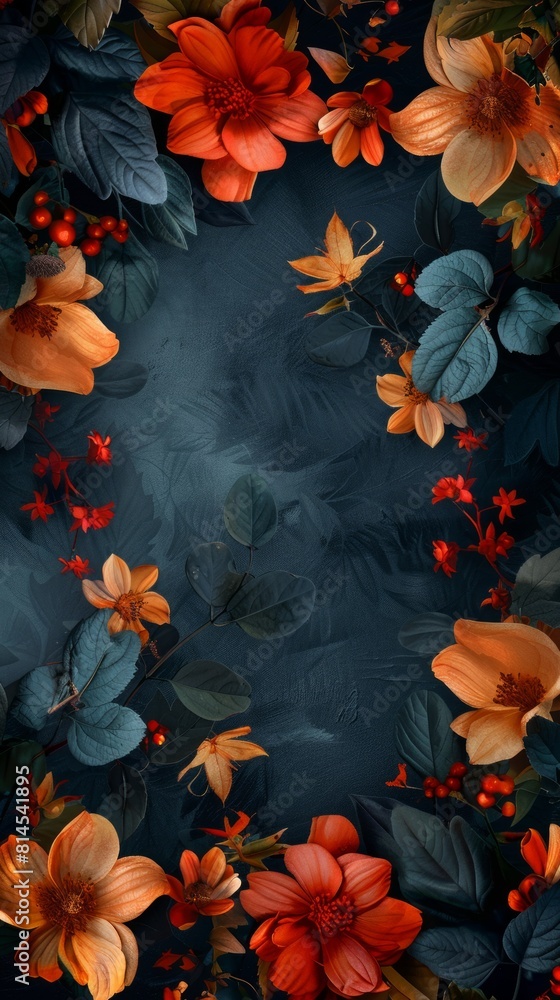 Poster floral frame with empty space on dark background. generative ai image