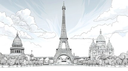 A detailed drawing of the iconic Eiffel Tower located in Paris, showcasing its intricate structure and architectural design