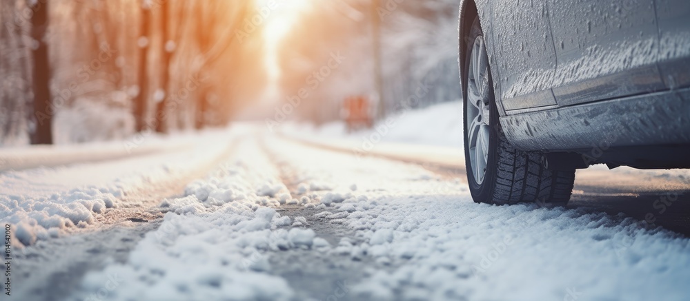 Poster a low angle shot from the back of a car captures a snowy country road with a winter tyre the image p