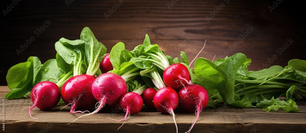 Poster an image of organic food vegetables specifically red radishes placed on a rustic wooden background w
